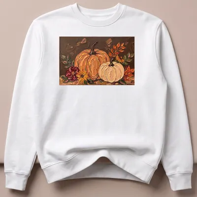 Oil painting of pumpkins and flowers in a warm autumn color palette — printed on a unisex sweatshirt