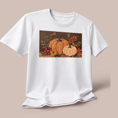 Oil painting of pumpkins and flowers in a warm autumn color palette — printed on a unisex t-shirt (angled view)