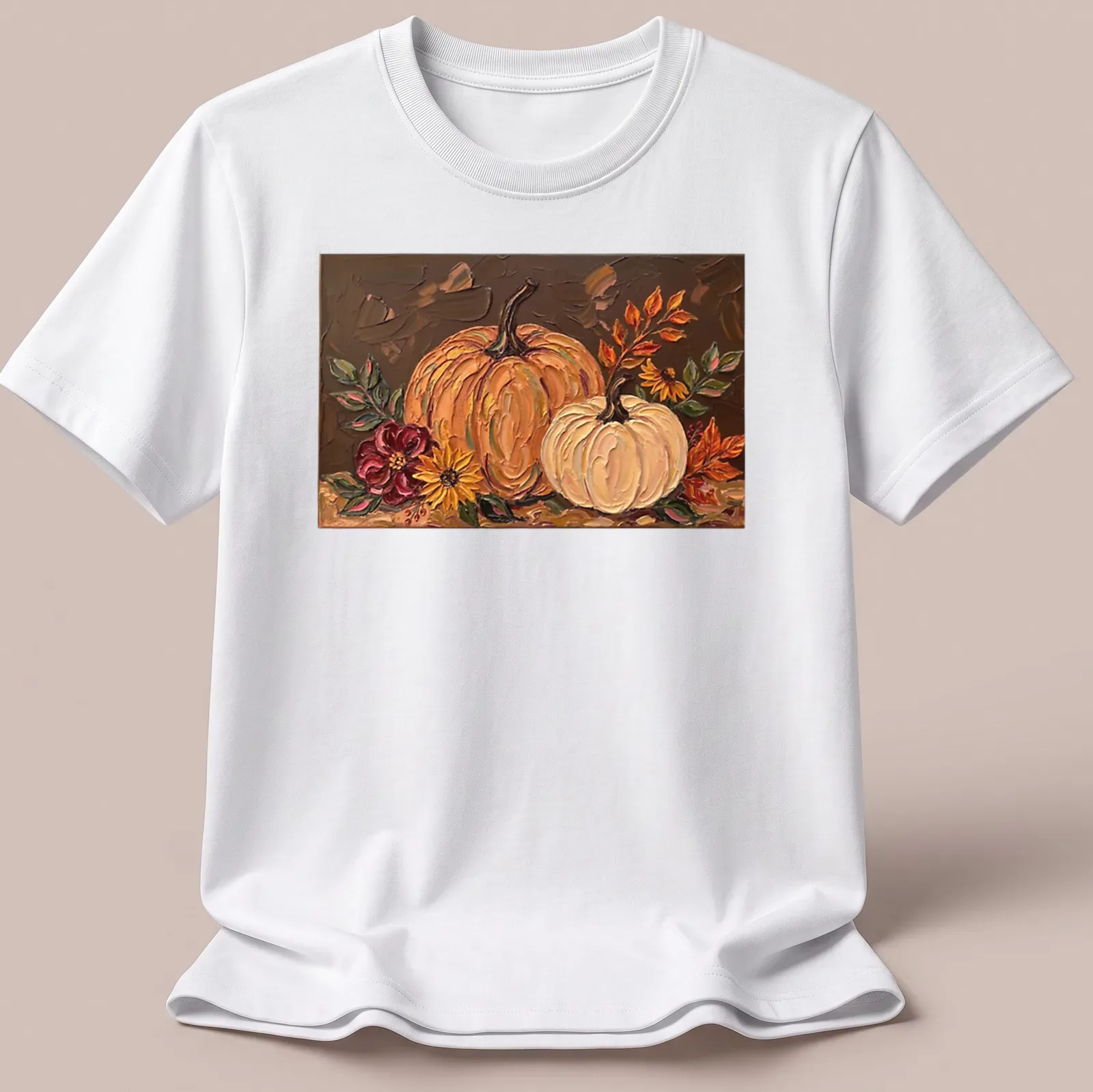 Oil painting of pumpkins and flowers in a warm autumn color palette — printed on a unisex t-shirt