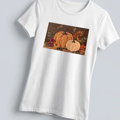 Oil painting of pumpkins and flowers in a warm autumn color palette — printed on a women's shirt