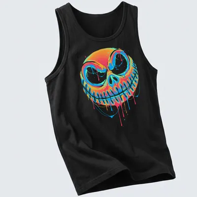 Colorful graffiti-style pumpkin design with drips in orange, blue, pink, and green — printed on a tank top