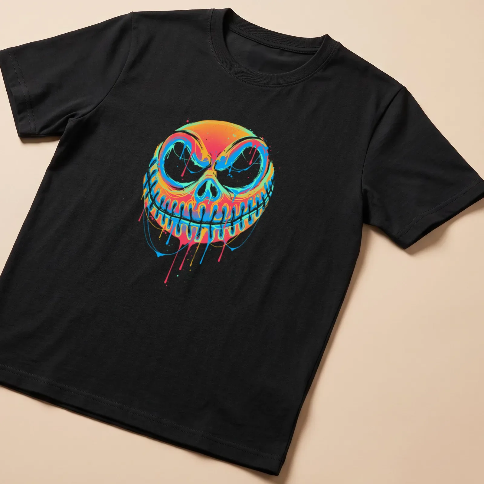 Colorful graffiti-style pumpkin design with drips in orange, blue, pink, and green — printed on a unisex t-shirt