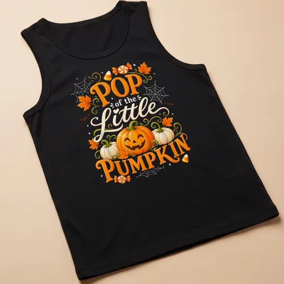 Whimsical design of colorful pumpkin with cheerful text for Halloween — printed on a tank top