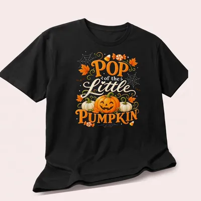 Whimsical design of colorful pumpkin with cheerful text for Halloween — printed on a unisex t-shirt (angled view)
