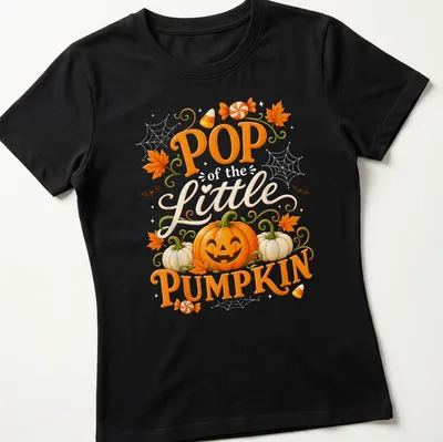 Whimsical design of colorful pumpkin with cheerful text for Halloween — printed on a women's shirt