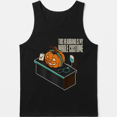 Retro cartoon pumpkin with text about headband costume on — printed on a tank top