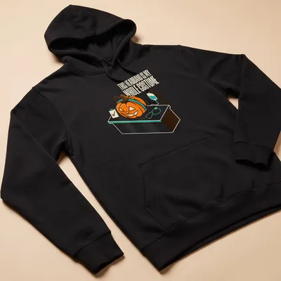 Retro cartoon pumpkin with text about headband costume on — printed on a unisex hoodie