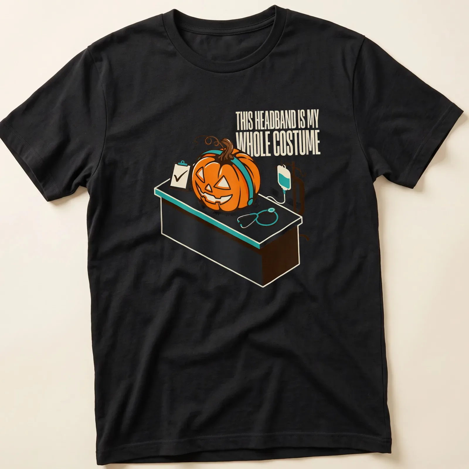 Retro cartoon pumpkin with text about headband costume on — printed on a unisex t-shirt