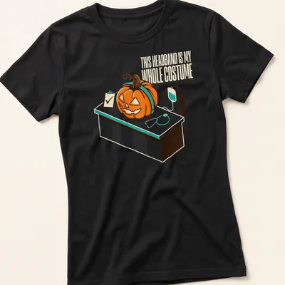 Retro cartoon pumpkin with text about headband costume on — printed on a women's shirt