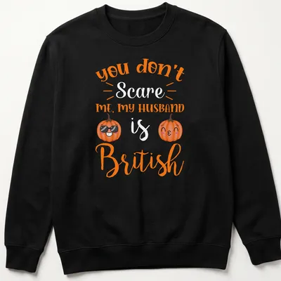 Kawaii pumpkin design with humorous text about a British husband. — printed on a unisex sweatshirt
