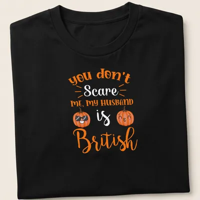 Kawaii pumpkin design with humorous text about a British husband. — printed on a unisex t-shirt