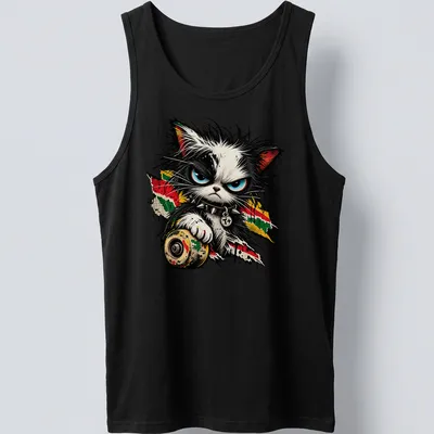 Punk cat with blue eyes and T+ in grunge style on a black — printed on a tank top