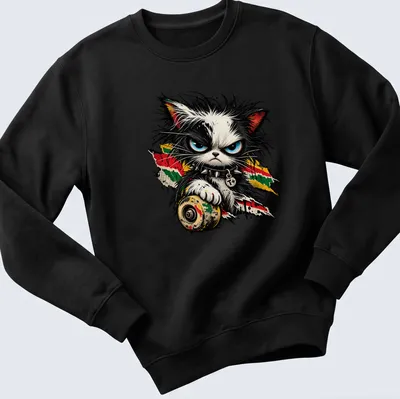 Punk cat with blue eyes and T+ in grunge style on a black — printed on a unisex sweatshirt