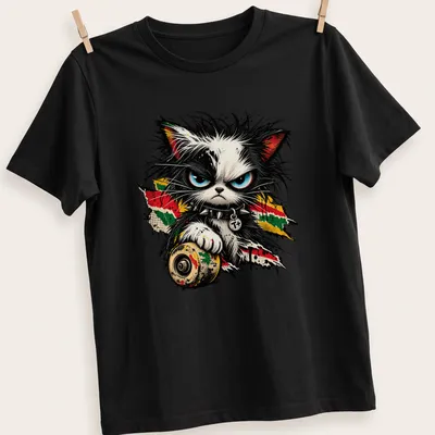 Punk cat with blue eyes and T+ in grunge style on a black — printed on a unisex t-shirt