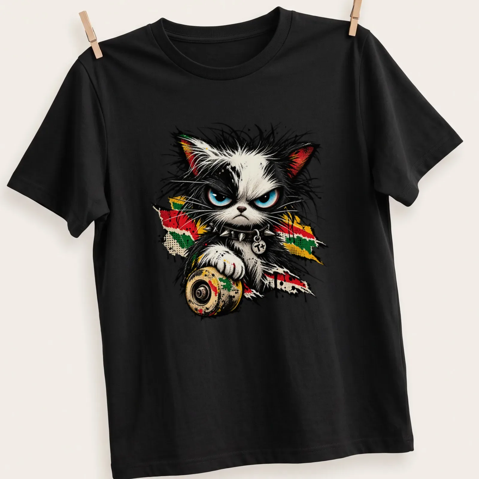 Punk cat with blue eyes and T+ in grunge style on a black — printed on a unisex t-shirt