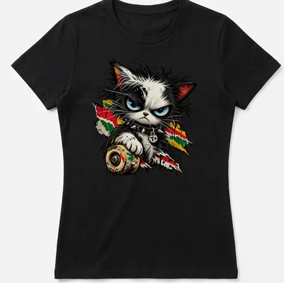Punk cat with blue eyes and T+ in grunge style on a black — printed on a women's shirt