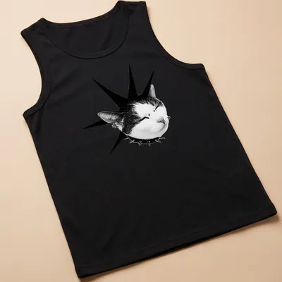 Punk rock cat illustration with spiky mohawk in black and white — printed on a tank top