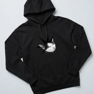 Punk rock cat illustration with spiky mohawk in black and white — printed on a unisex hoodie