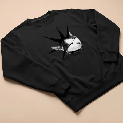 Punk rock cat illustration with spiky mohawk in black and white — printed on a unisex sweatshirt