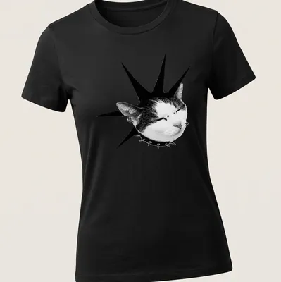 Punk rock cat illustration with spiky mohawk in black and white — printed on a women's shirt
