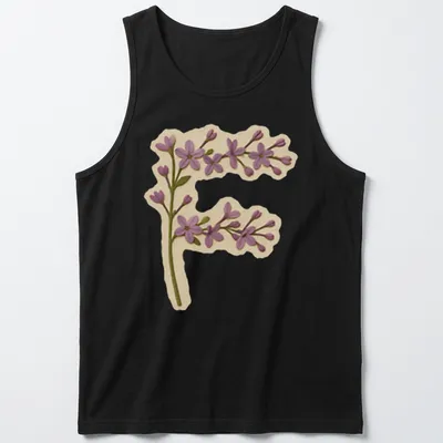 Vintage floral shirt featuring a large letter F adorned with purple lilac flowers. — printed on a tank top