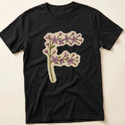Vintage floral shirt featuring a large letter F adorned with purple lilac flowers.