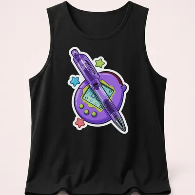 Colorful cartoon print of a Tamagotchi and pen on purple background — printed on a tank top