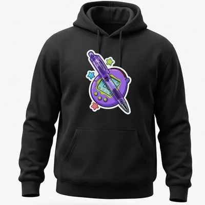 Colorful cartoon print of a Tamagotchi and pen on purple background — printed on a unisex hoodie