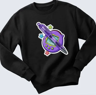 Colorful cartoon print of a Tamagotchi and pen on purple background — printed on a unisex sweatshirt