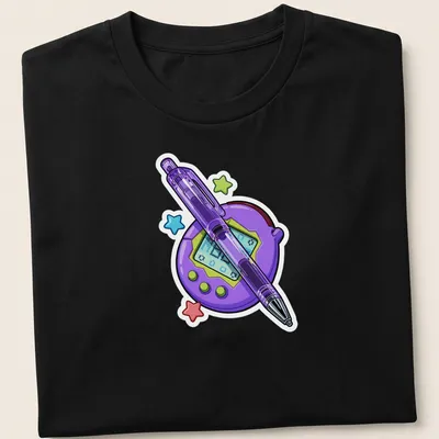Colorful cartoon print of a Tamagotchi and pen on purple background