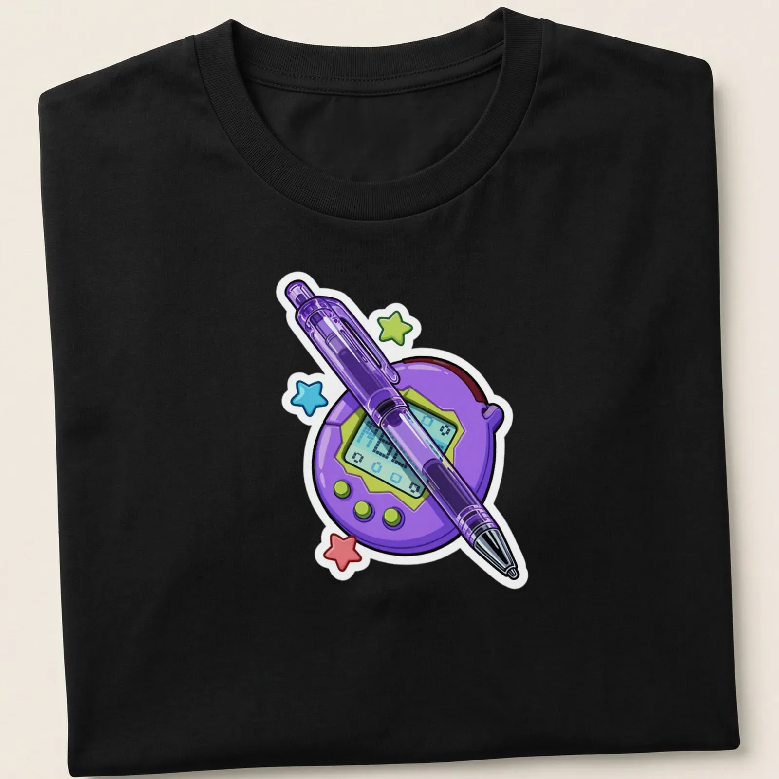 Colorful cartoon print of a Tamagotchi and pen on purple background — printed on a unisex t-shirt