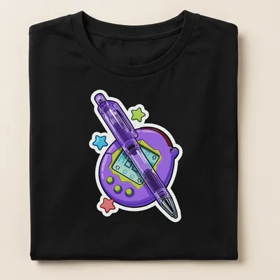 Colorful cartoon print of a Tamagotchi and pen on purple background — printed on a women's shirt