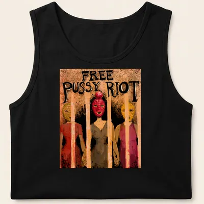 Illustrative design of Pussy Riot characters behind bars with the text 'FREE PUSSY RIOT' in bold colors. — printed on a tank top