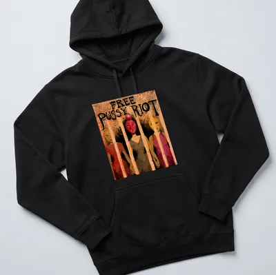 Illustrative design of Pussy Riot characters behind bars with the text 'FREE PUSSY RIOT' in bold colors. — printed on a unisex hoodie