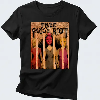 Illustrative design of Pussy Riot characters behind bars with the text 'FREE PUSSY RIOT' in bold colors. — printed on a women's shirt