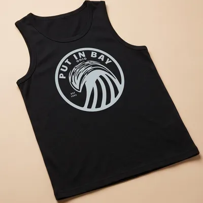 Circular logo t-shirt featuring Put In Bay Ohio est 1892 with wave design — printed on a tank top