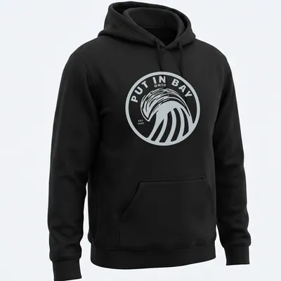 Circular logo t-shirt featuring Put In Bay Ohio est 1892 with wave design — printed on a unisex hoodie