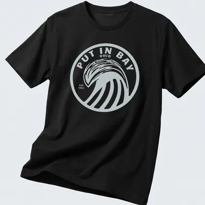 Circular logo t-shirt featuring Put In Bay Ohio est 1892 with wave design