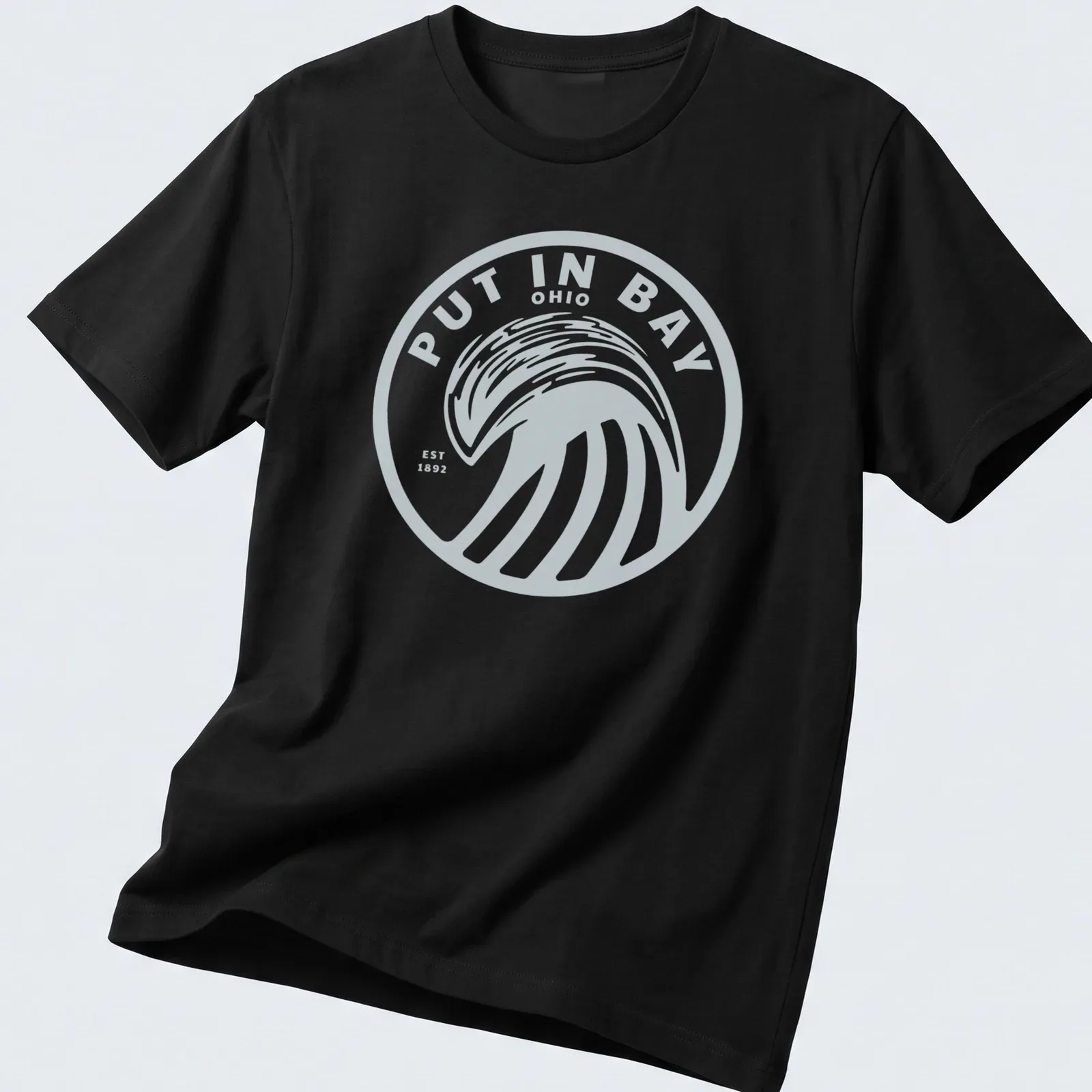 Circular logo t-shirt featuring Put In Bay Ohio est 1892 with wave design — printed on a unisex t-shirt