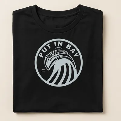 Circular logo t-shirt featuring Put In Bay Ohio est 1892 with wave design — printed on a women's shirt