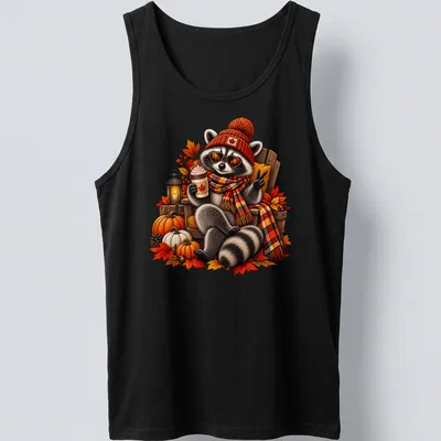Illustration of a raccoon enjoying coffee surrounded by pumpkins in warm autumn colors. — printed on a tank top