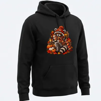 Illustration of a raccoon enjoying coffee surrounded by pumpkins in warm autumn colors. — printed on a unisex hoodie