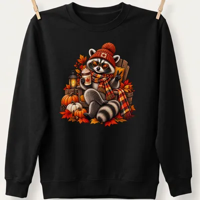 Illustration of a raccoon enjoying coffee surrounded by pumpkins in warm autumn colors. — printed on a unisex sweatshirt