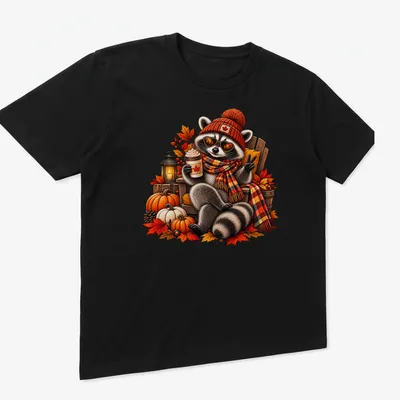 Illustration of a raccoon enjoying coffee surrounded by pumpkins in warm autumn colors. — printed on a unisex t-shirt (angled view)