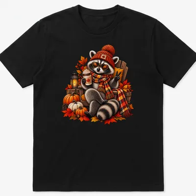 Illustration of a raccoon enjoying coffee surrounded by pumpkins in warm autumn colors.