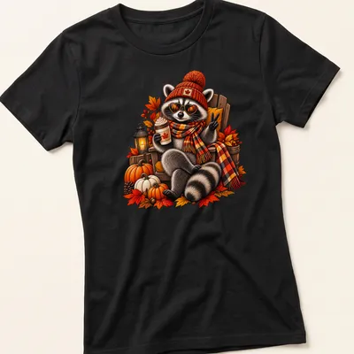 Illustration of a raccoon enjoying coffee surrounded by pumpkins in warm autumn colors. — printed on a women's shirt