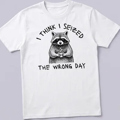 Detailed line-art of a raccoon holding a coffee cup with humorous text about seizing the day