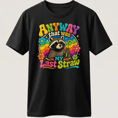 Colorful cartoon raccoon holding a straw with humorous text above.