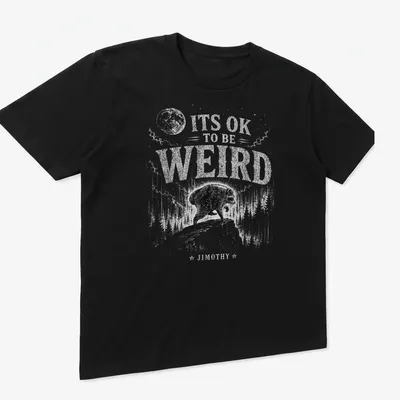 Vintage illustration of a raccoon with text 'It's OK To Be Weird Jimothy' — printed on a unisex t-shirt (angled view)