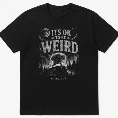 Vintage illustration of a raccoon with text 'It's OK To Be Weird Jimothy'